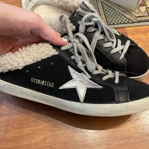 Golden Goose Sabot Shearling Lined Leather Slip On Sneakers Black White Size 10 - Picture 15 of 16